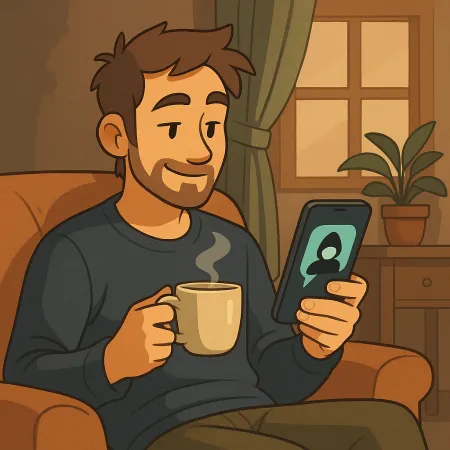 Lelaki berjambang duduk dengan selesa di kerusi, memegang cawan kopi panas dalam satu tangan dan telefon pintar dalam tangan yang lain. Dia tersenyum sambil melihat skrin, di mana terpapar satu siluet tanpa nama. Suasana dalaman adalah hangat, dengan tumbuhan, langsir dan tingkap di latar belakang.