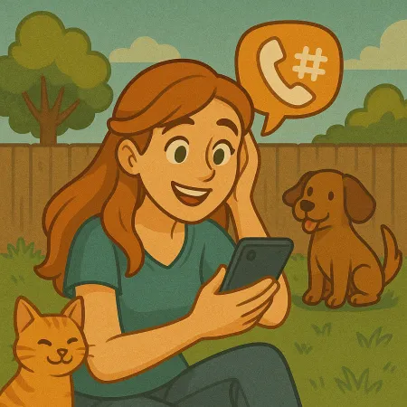 Seorang wanita berambut merah duduk di atas rumput di taman, tersenyum sambil melihat telefon pintarnya. Seekor kucing oren bersarang di sebelahnya dan seekor anjing coklat duduk berdekatan. Sebuah gelembung dialog yang mengandungi ikon telefon dan tanda pagar terapung di atasnya, mencadangkan perbualan telefon.