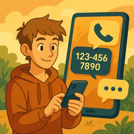 Lelaki muda yang tersenyum dalam hoodie menggunakan telefon pintar, dengan skrin telefon besar di latar belakang memaparkan ikon panggilan dan nombor telefon palsu (123-456-7890), dalam suasana luar yang bergaya dan mesra.