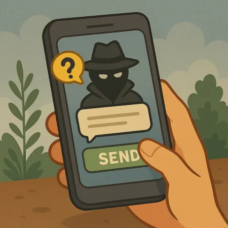 Tangan memegang telefon pintar yang memaparkan watak yang disembunyikan dengan jaket hujan dan topi, mewakili penghantar tanpa nama. Sebuah gelembung dialog dengan tanda soal kelihatan, serta butang hijau bertanda 'HANTAR', mencadangkan penghantaran mesej tanpa nama.