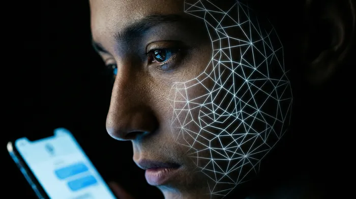 Sebuah tangan memegang telefon pintar yang memaparkan ikon mangga kunci pada antara muka pemesejan, dikelilingi oleh rangkaian sambungan digital yang bercahaya di atas latar belakang hitam, menggambarkan keselamatan data mudah alih.