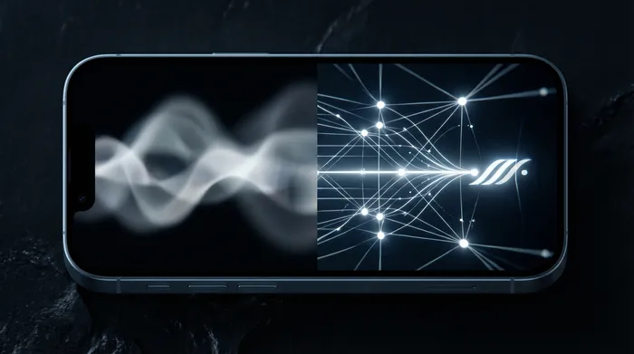 Seorang lelaki berkot sedang mengendalikan antara muka digital holografik data rangkaian dan alamat IP yang dipaparkan di atas sebuah telefon pintar.