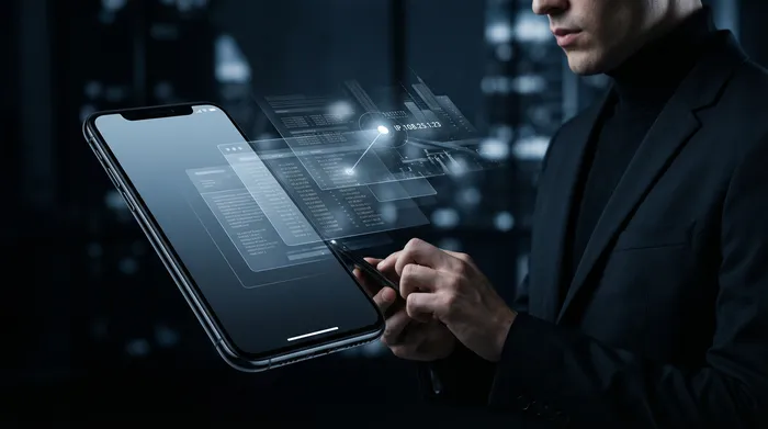 Dua buah telefon pintar bersebelahan di atas meja, dihubungkan oleh rangkaian digital yang bercahaya melambangkan pemindahan data antara peranti.