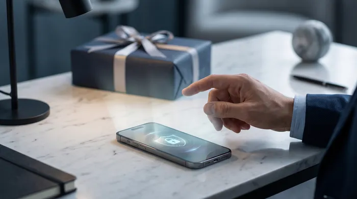 Sebuah tangan memegang telefon pintar yang memaparkan antara muka pemesejan dengan elemen grafik teknologi sebagai lapisan atas, termasuk mangga kunci, litar dan nombor telefon, menggambarkan keselamatan mudah alih dan komunikasi digital.