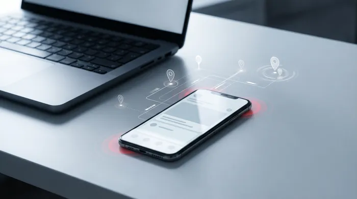 Tangan seorang lelaki berkot sedang berinteraksi dengan telefon pintar yang diletakkan di atas meja, yang memaparkan ikon mangga kunci digital melambangkan keselamatan siber.
