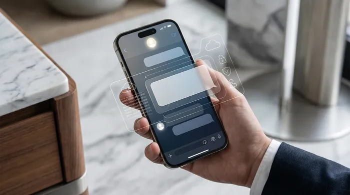 Sebuah telefon pintar diletakkan di atas meja di sebelah komputer riba, memaparkan ikon geolokasi digital dalam realiti terimbuh.