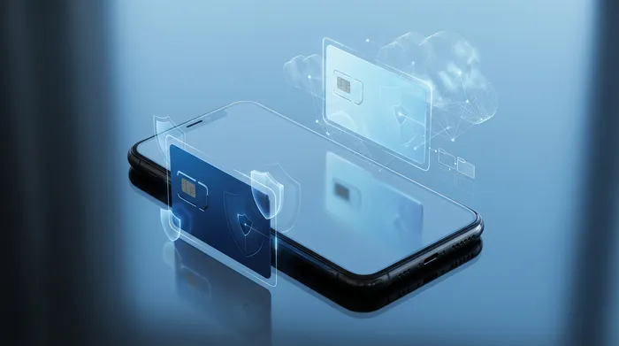 Sebuah tangan memegang telefon pintar yang memaparkan antara muka pemesejan holografik moden dengan gelembung sembang dan ikon keselamatan.