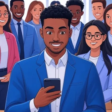 Ilustrasi seorang lelaki muda berbisnes berkulit hitam yang tersenyum melihat telefon pintarnya, dengan pasukannya di latar belakang.