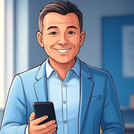 Ilustrasi seorang lelaki perniagaan yang tersenyum dalam sut biru memegang telefon pintar.
