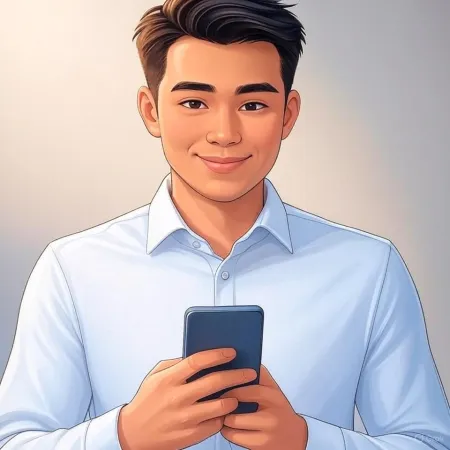 Ilustrasi seorang lelaki perniagaan tersenyum dalam sut biru memegang smartphone.