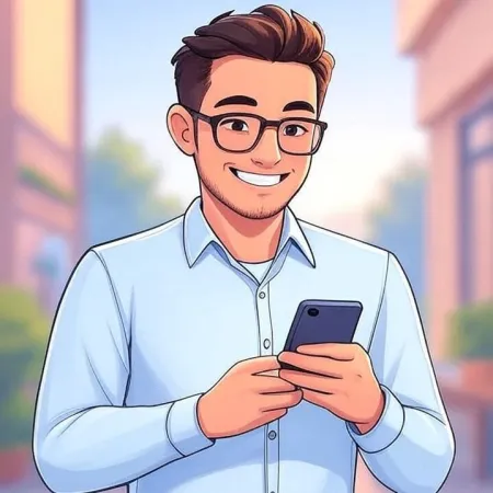Seorang pemuda yang tersenyum dengan cermin mata dan baju biru, melihat telefon pintar beliau.