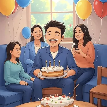 Pria tersenyum memegang kue dengan lima lilin, dikelilingi oleh kerabat di ruang tamu yang didekorasi dengan balon berwarna.