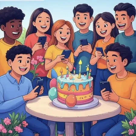 Sekelompok pemuda tersenyum mengelilingi kue ulang tahun berwarna-warni dengan lilin, balon, dan dekorasi, sambil memegang ponsel mereka.