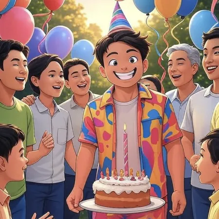 Anak laki-laki tersenyum dengan topi pesta memegang kue dengan lilin tunggal, dikelilingi oleh tamu dan balon berwarna di luar ruangan.