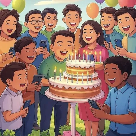 Sekumpulan orang yang tersenyum mengelilingi kek besar bertingkat dua dengan beberapa lilin menyala, sambil mengambil gambar dengan telefon mereka.