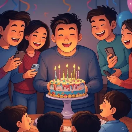 Ilustrasi ulang tahun di mana seorang pria tersenyum memegang kue yang dihias dengan lilin menyala, dikelilingi oleh teman dan kerabat yang mengambil foto dengan ponsel mereka.