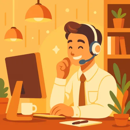 Ilustrasi seorang lelaki tersenyum dengan fon kepala bekerja di komputer meja dalam persekitaran yang hangat dan selesa dengan tumbuhan dan secawan kopi