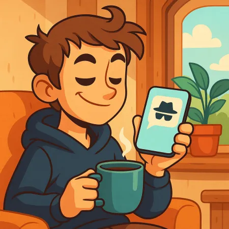 Ilustrasi seorang lelaki muda yang tersenyum, duduk dengan selesa dengan secawan kopi, memegang telefon pintar yang menunjukkan ikon mesej anonimus dengan topi dan cermin mata hitam
