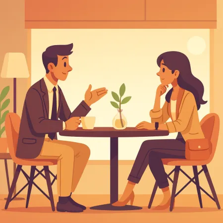 Ilustrasi dua orang berbincang secara bersemuka di sebuah kafe, seorang lelaki berpakaian formal dan seorang wanita dalam pakaian kasual yang bergaya, duduk di meja dengan sebuah tumbuhan kecil di tengah.